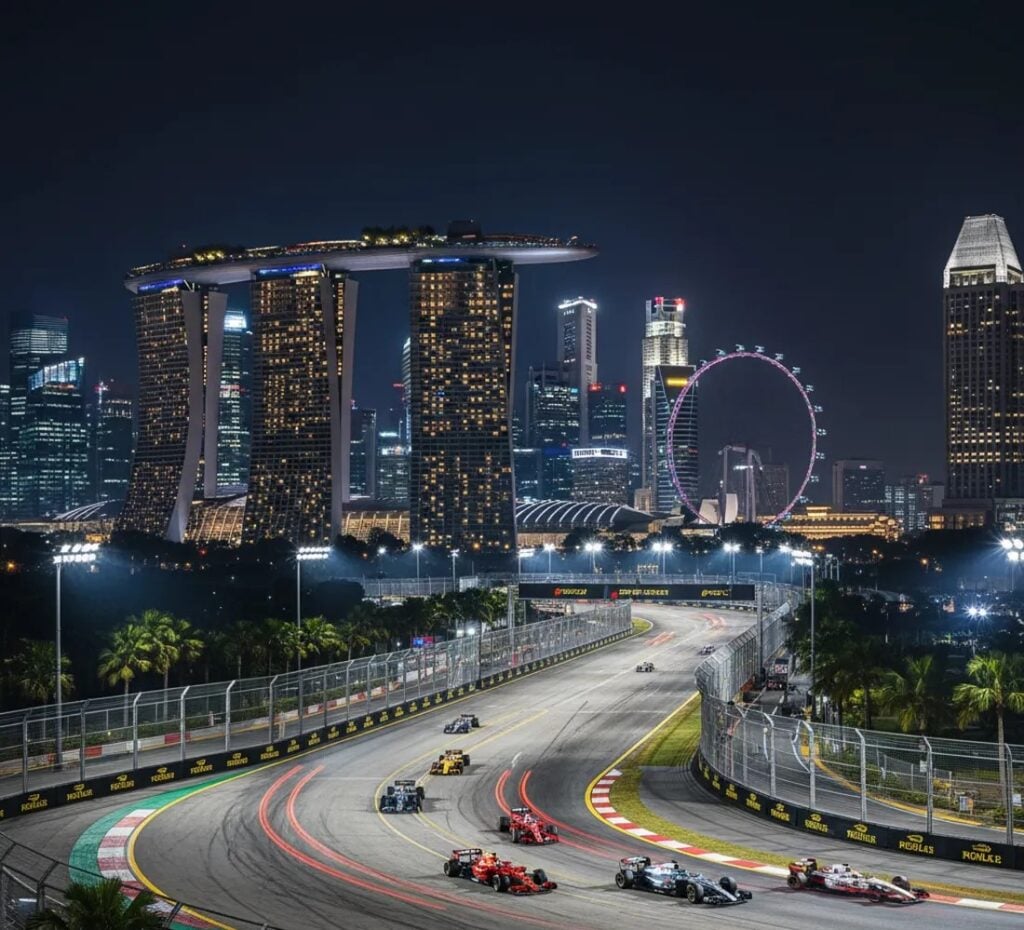 Nighttime Formula 1 race in Singapore.