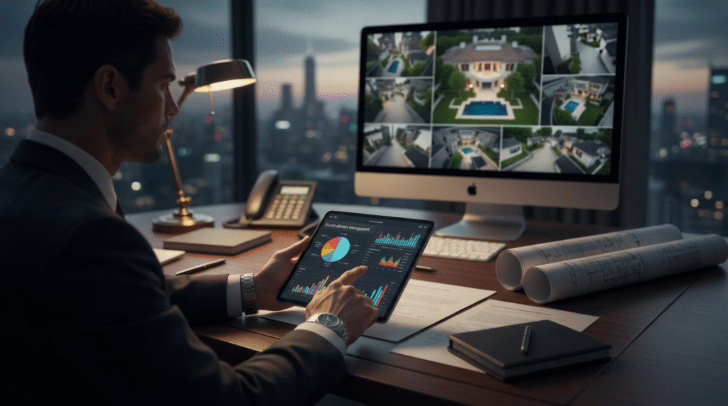 Businessman analyzing charts and property images on tablet.