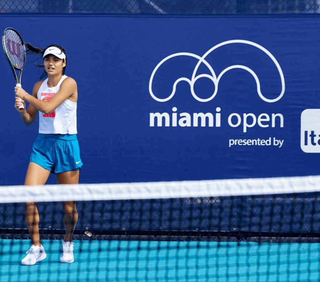 Tennis player at Miami Open court, ready to play.