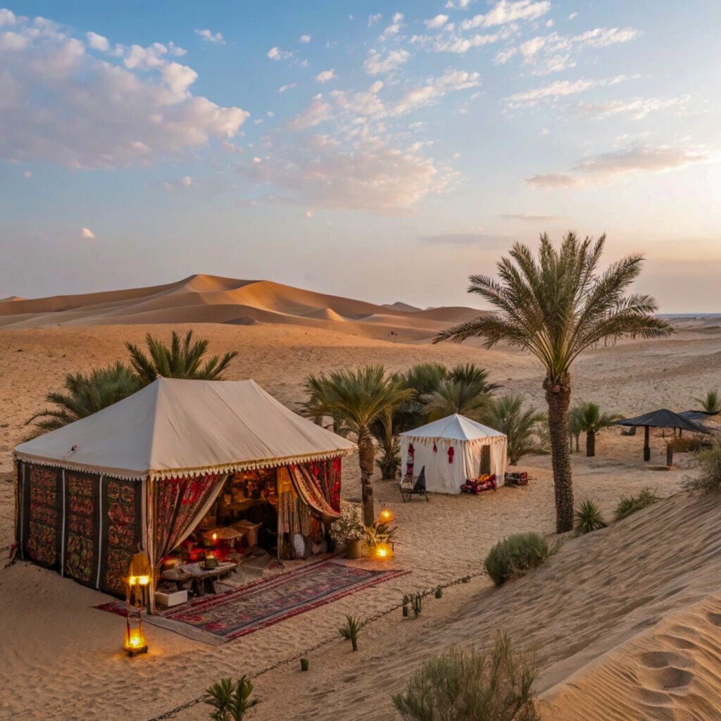 Desert tents with palm trees and sand dunes.