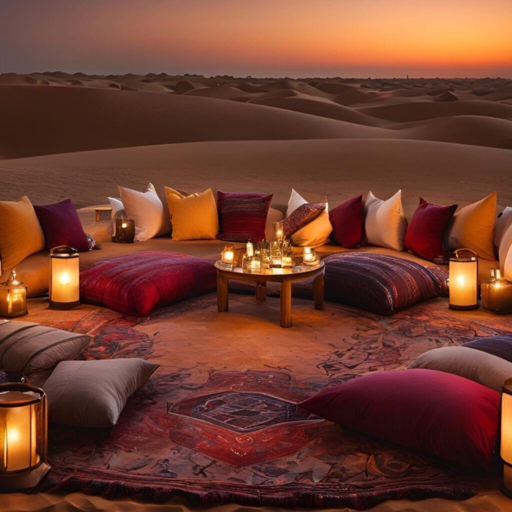 Cozy desert sunset seating with lanterns and cushions.