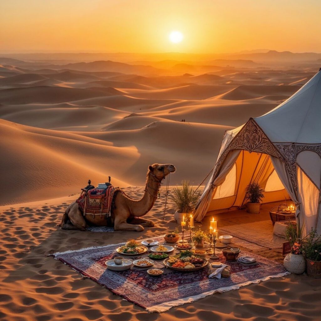 Camel by desert tent at sunset with feast.