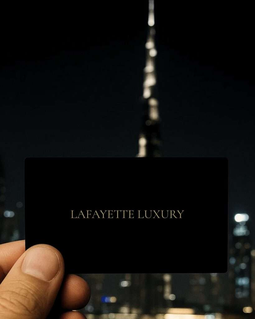 Lafayette Luxury card with city skyline background.