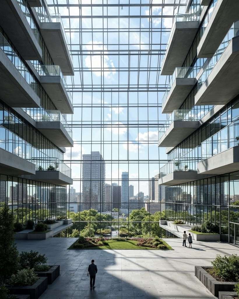 Modern atrium with city skyline view