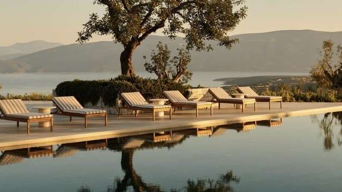 Scenic poolside with loungers and tree at sunset
