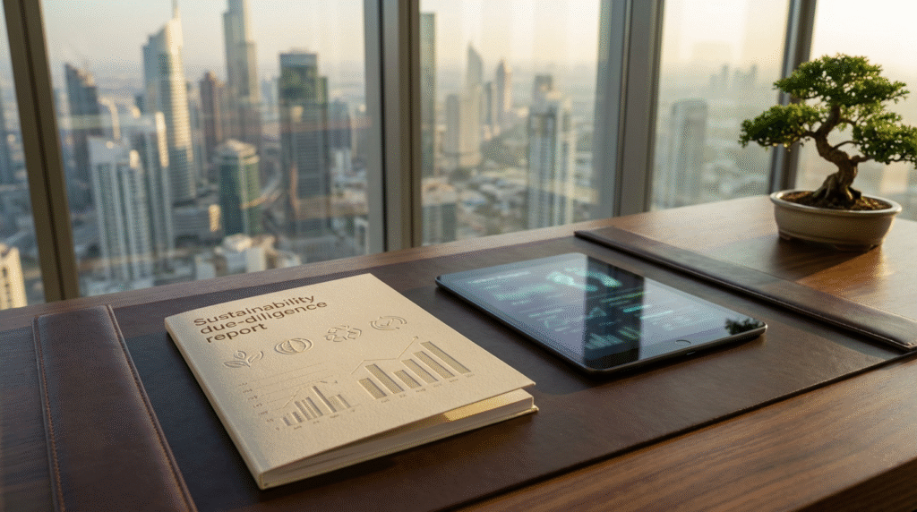 Office desk with sustainability report and tablet