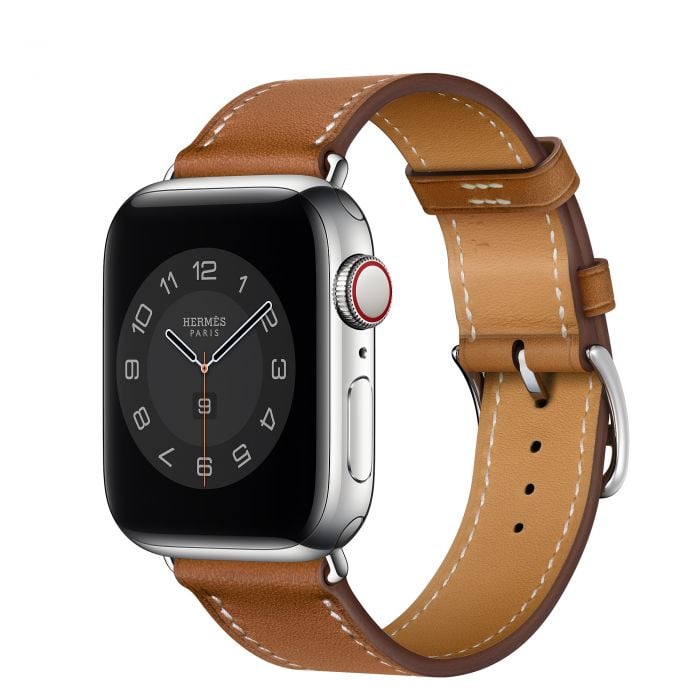 Smartwatch with leather band, luxury design.