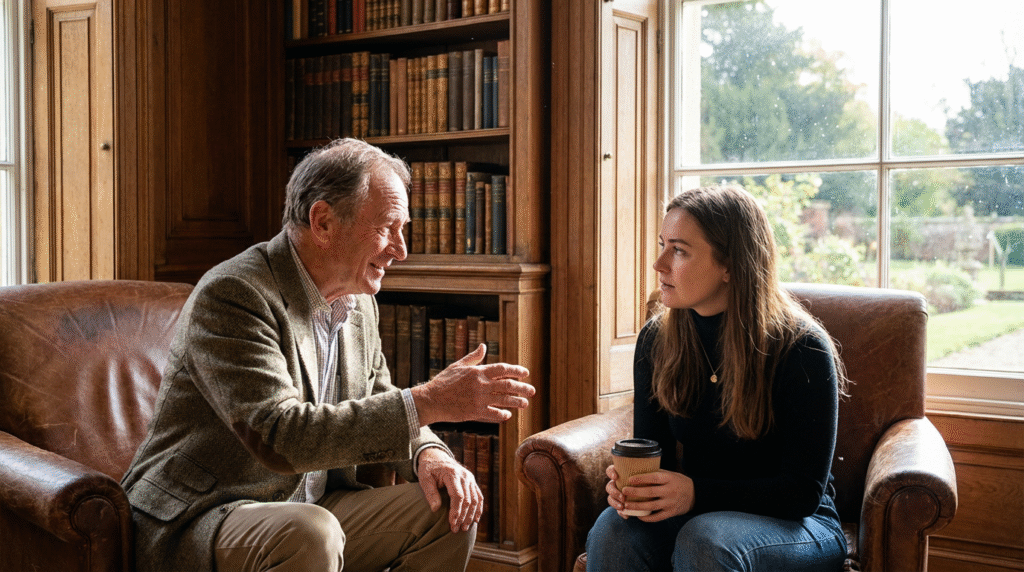 Two people having a conversation in a library.
