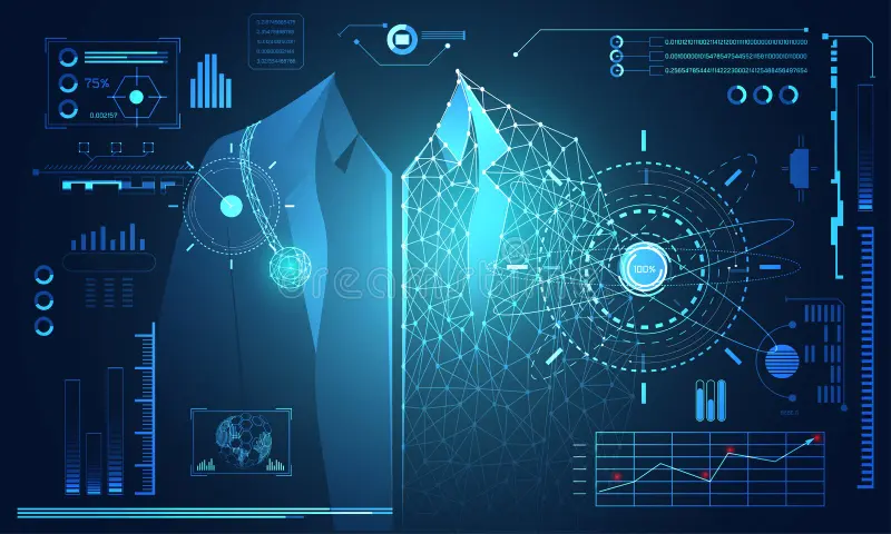Digital interface with suit and data visualization.