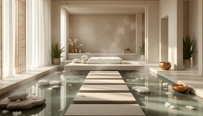 Serene spa room with calming water features.