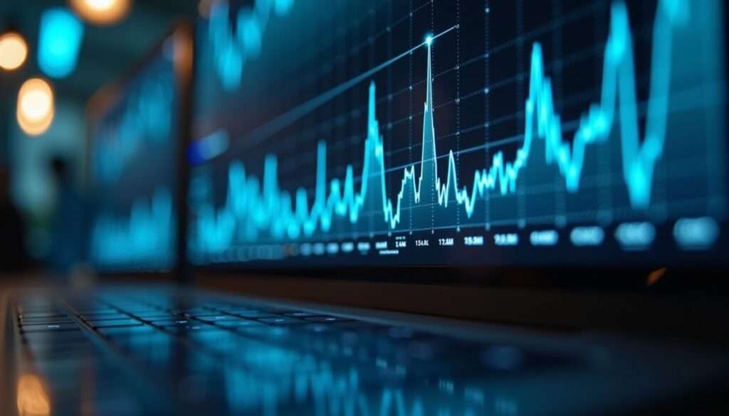 Line graph on laptop screen showing data trends.