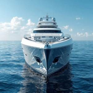 Luxury yacht sailing in clear blue ocean