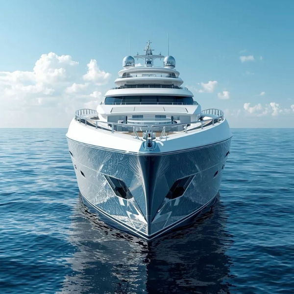 Luxury yacht sailing in clear blue ocean