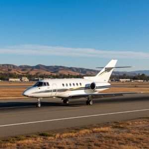 Private jet taxiing on runway with mountains background.