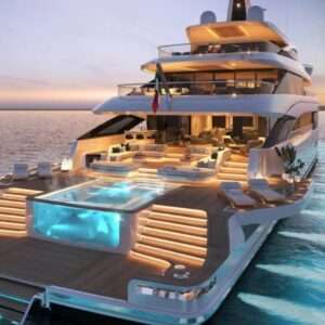 Luxury yacht with pool at sunset