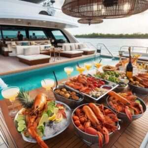Luxurious yacht with seafood feast and cocktails onboard.