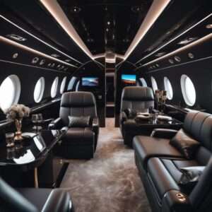Luxury private jet interior with leather seats