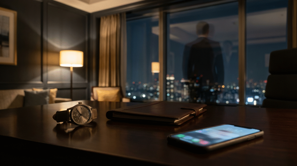 Office desk with city view at night