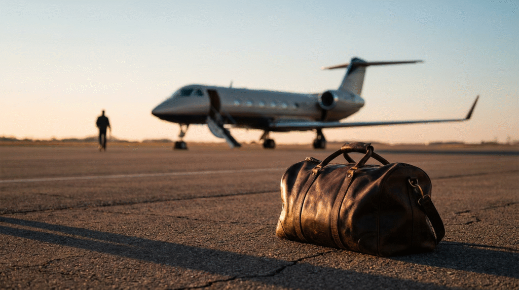 Leather bag on tarmac near private jet.