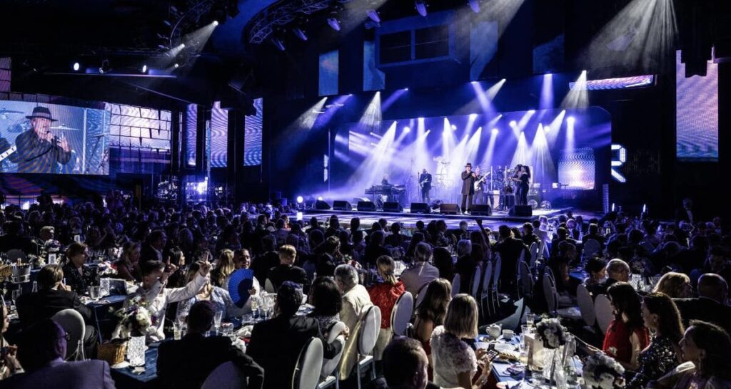 Live performance at a crowded dinner event