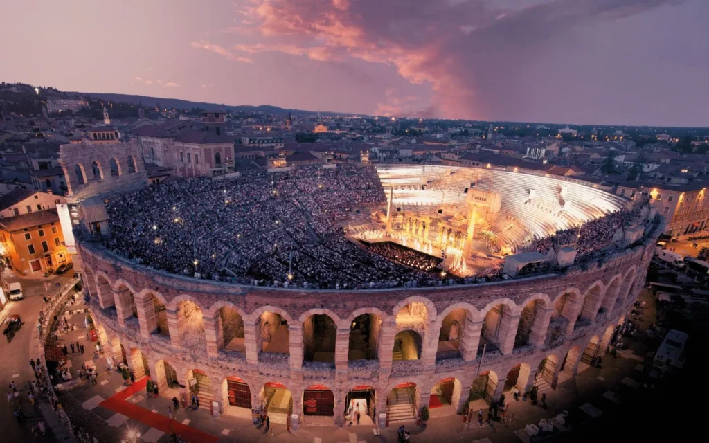 Verona Arena filled with crowd at dusk