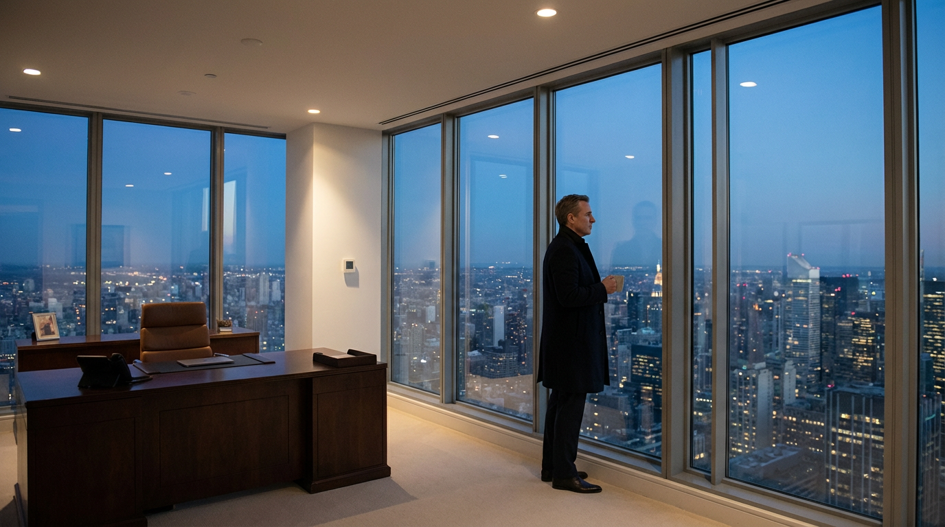 Man in office overlooking city at dusk.