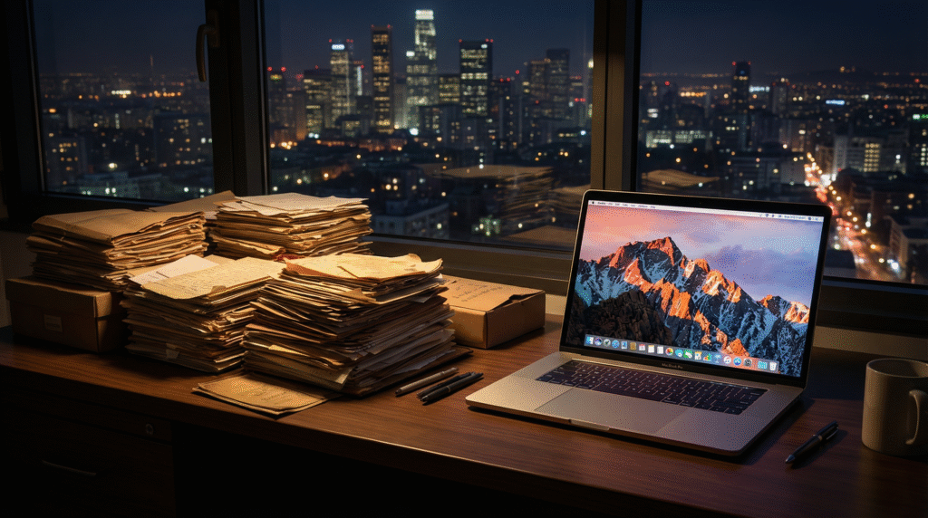 Night city view with laptop and documents on desk.