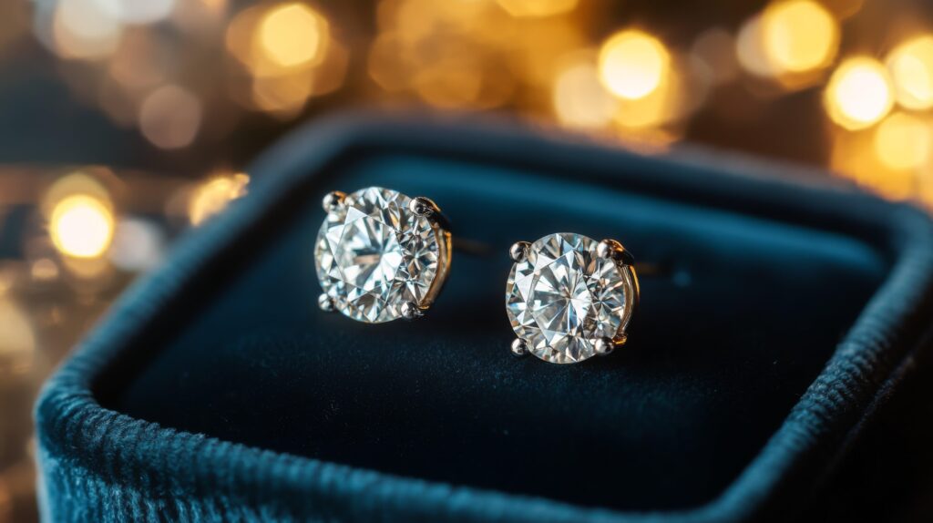 Round diamond stud earrings in velvet box