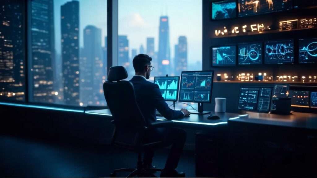 Person analyzing data on multiple screens in office.