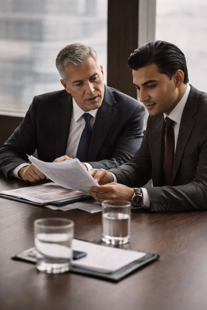 Two businessmen reviewing documents