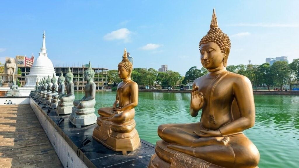 Buddha statues lined along a tranquil lake