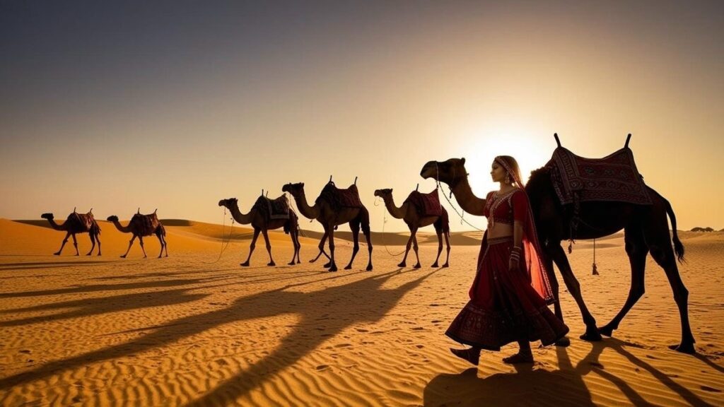 Woman leading camels at sunset in desert