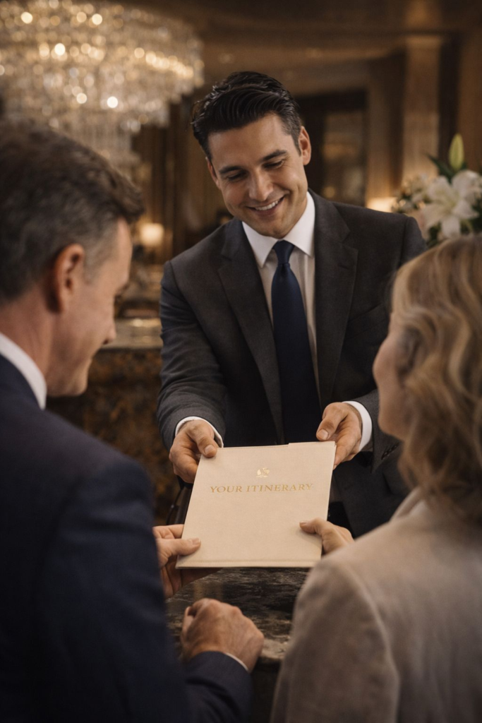 Hotel concierge handing over an itinerary