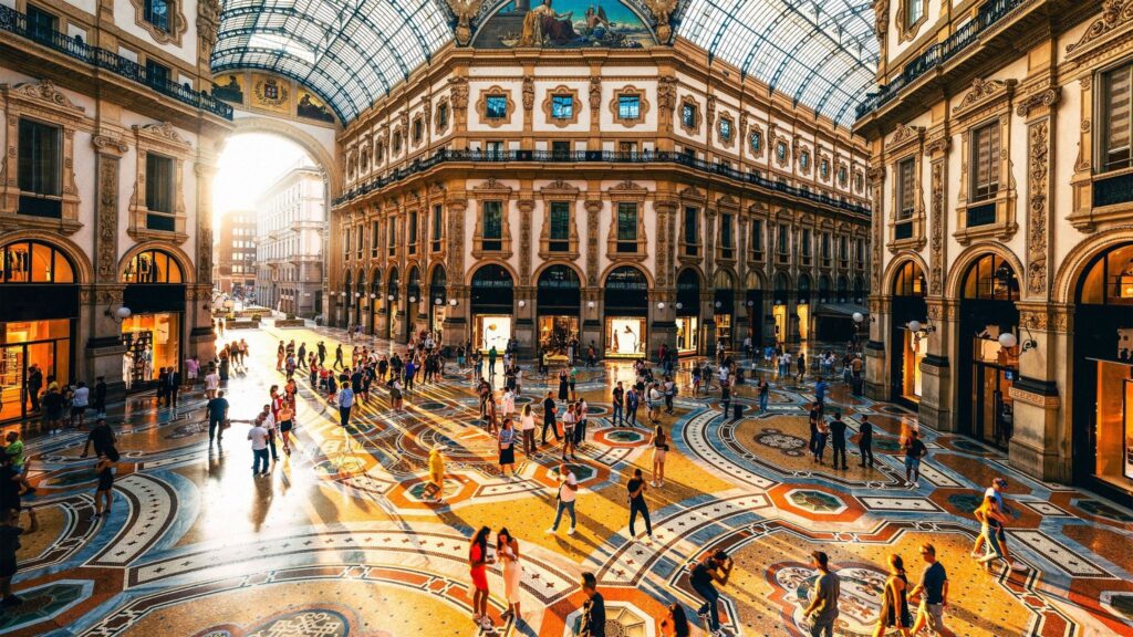 Ornate shopping arcade with glass dome and mosaic floor