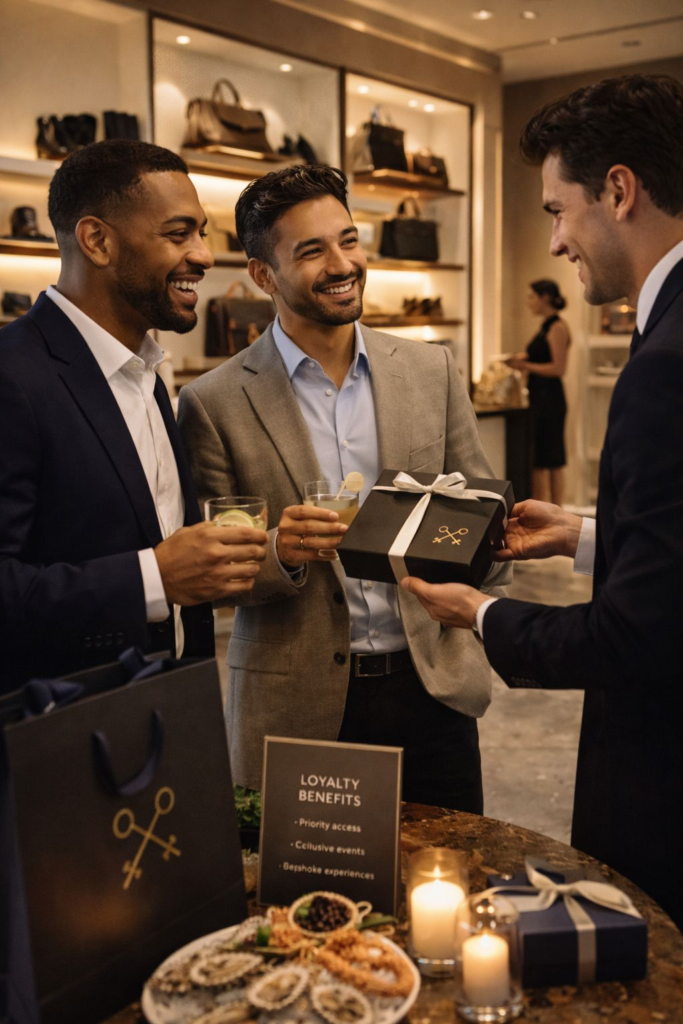 Men celebrating with drinks and gifts