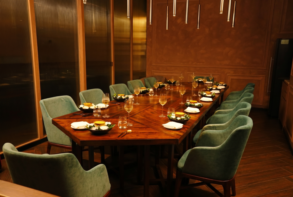 Elegant private dining room with set wooden table