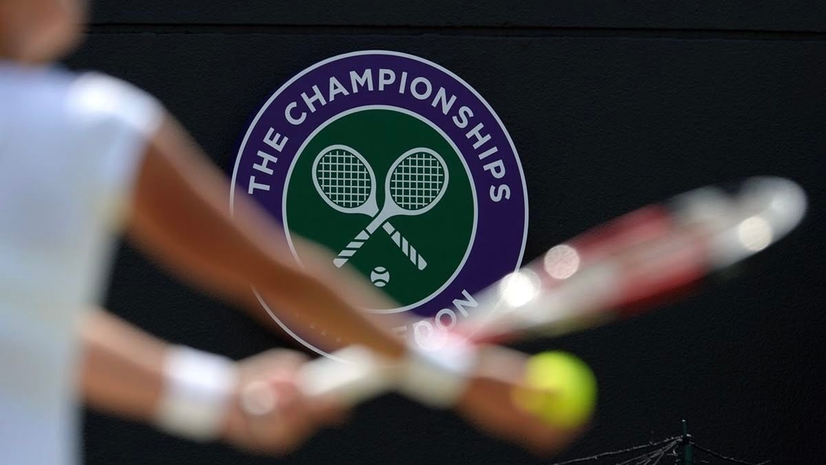 Wimbledon Championships logo with tennis racket foreground.