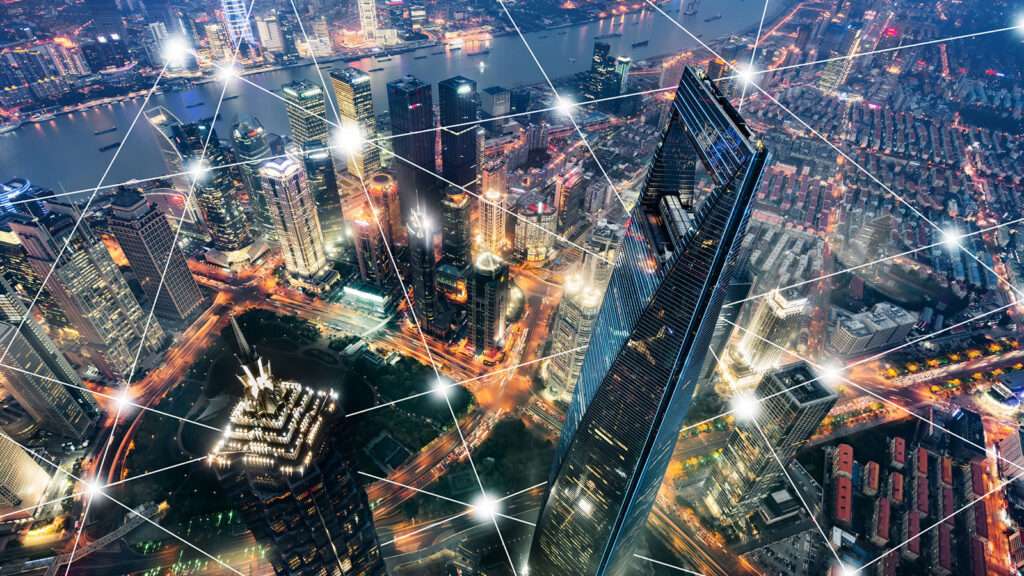 City skyline with glowing network connections