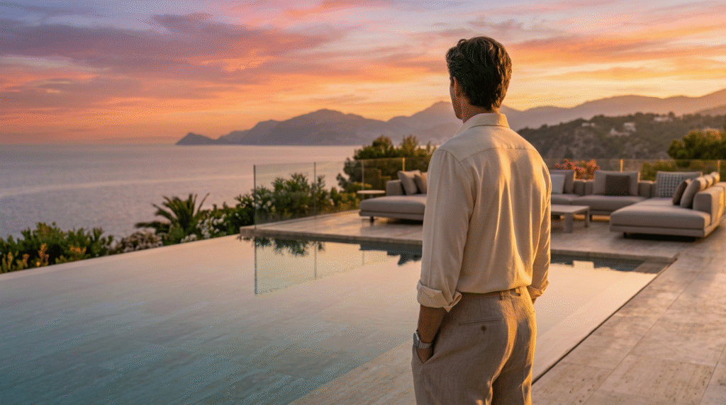 Man enjoying ocean sunset from luxurious patio