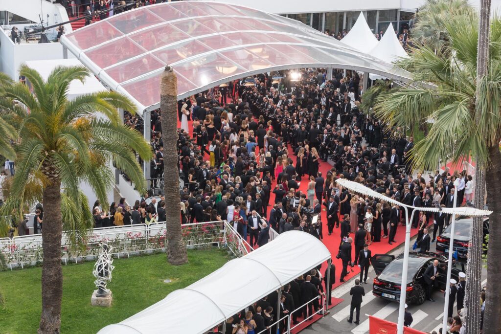 Crowd gathers at glamorous red carpet event.
