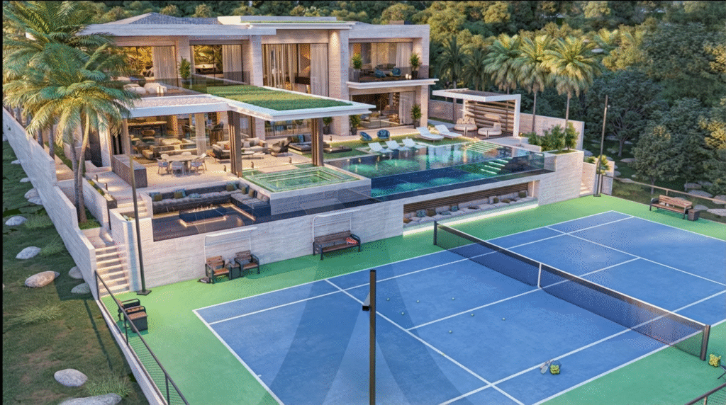 Luxurious villa with pool and tennis court.