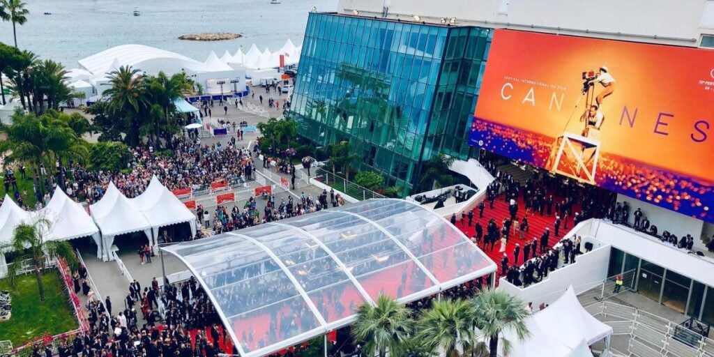 Cannes Film Festival red carpet aerial view.