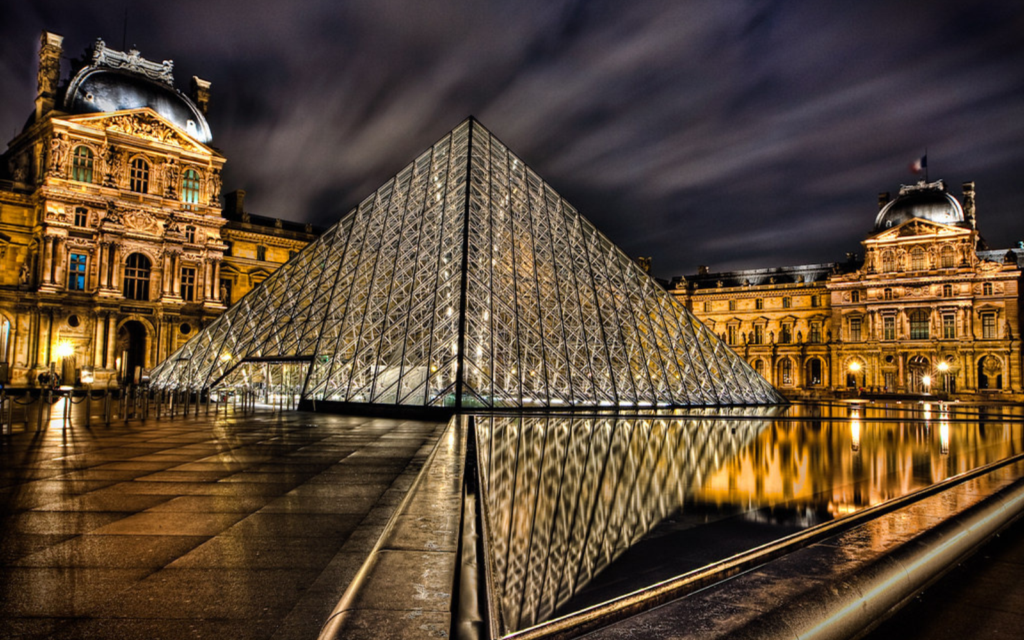 Louvre Pyramid illuminated at night