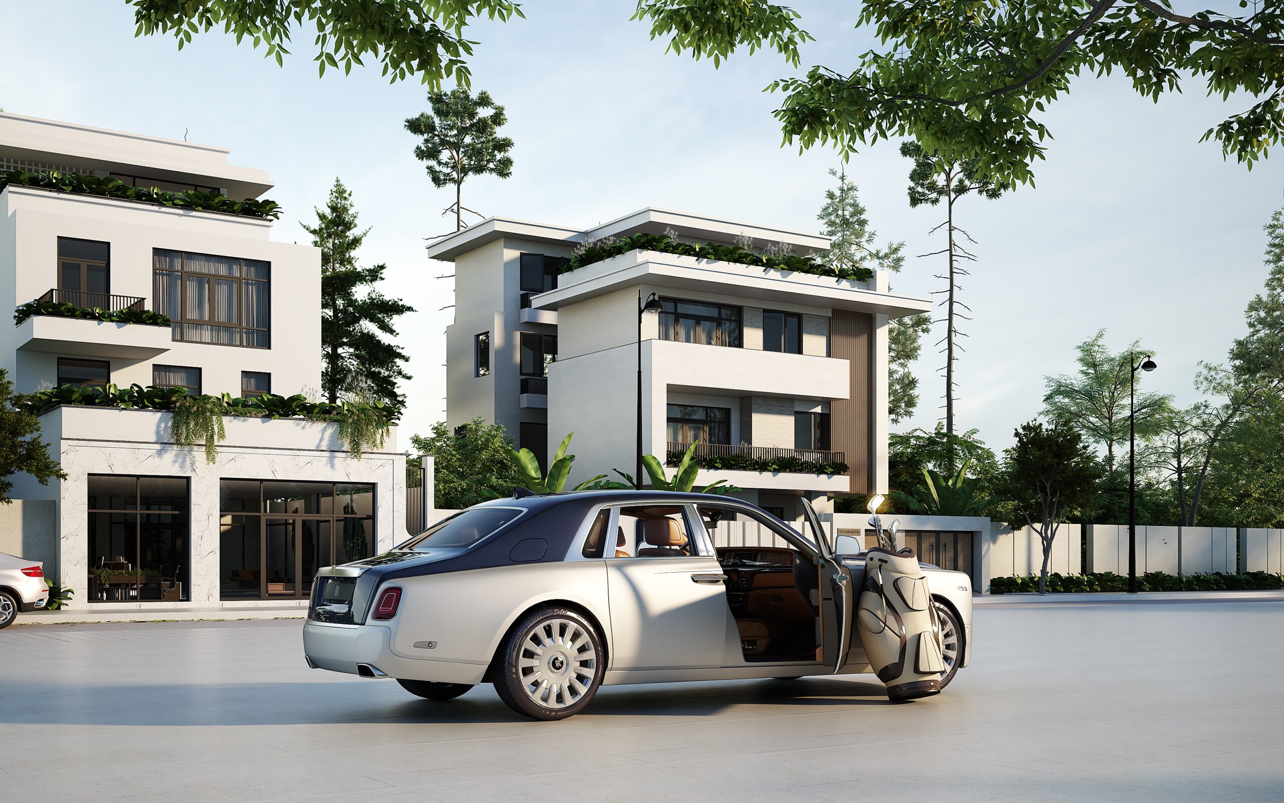 Luxury car parked by modern houses