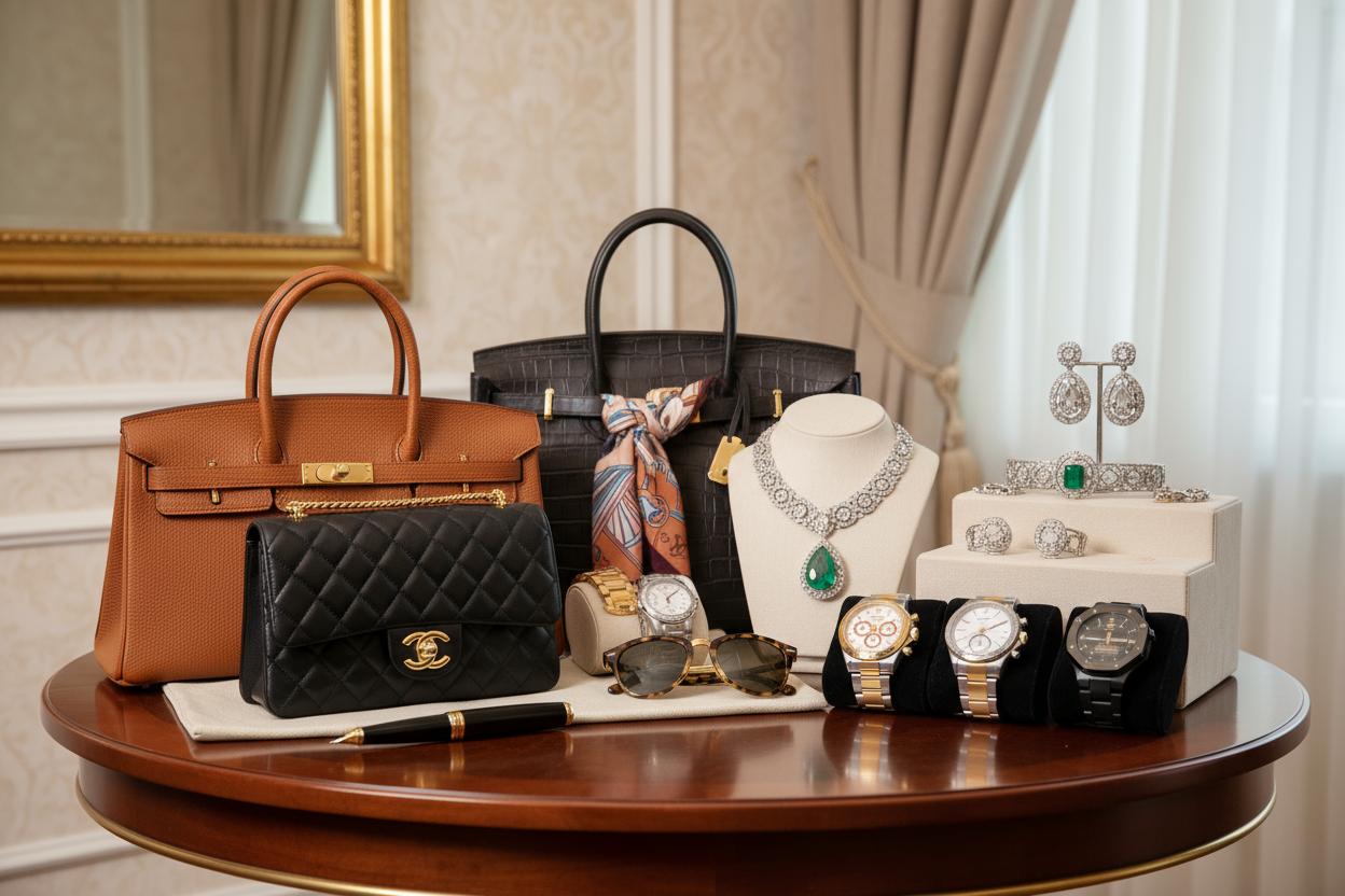 Luxury handbags, watches, and diamond jewelry display